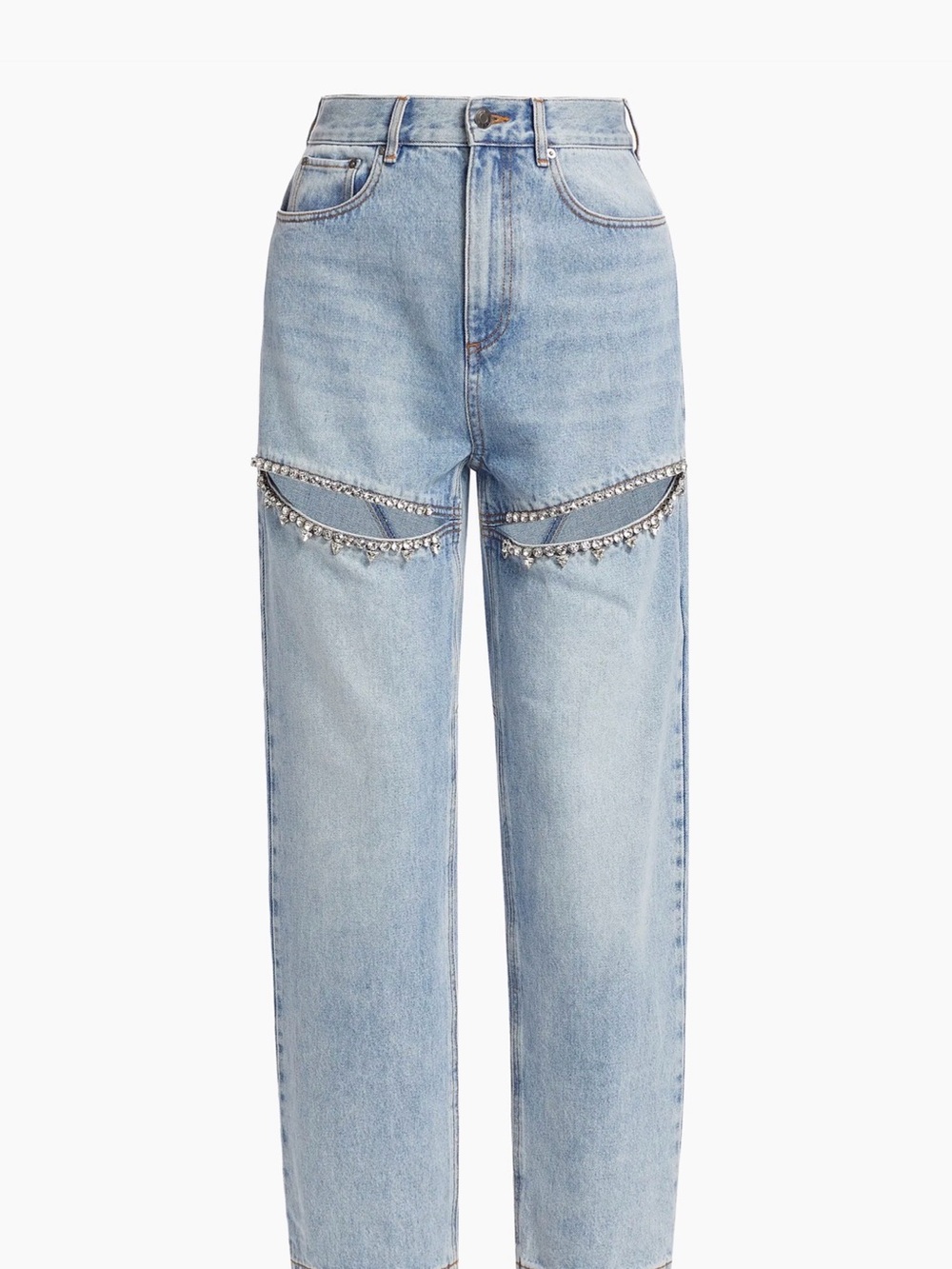 AREA Light Blue Straight-Leg Jeans with Slit Rhinestone Chain Detail